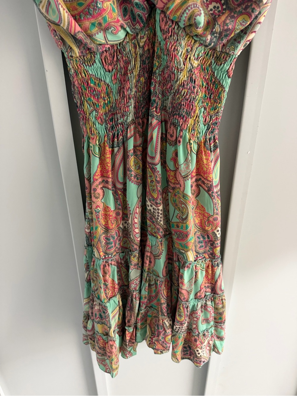 Anisa Spain Multi-Colored Green Orange Paisley Smocked Mini Dress - Size S/M - Picture 5 of 13